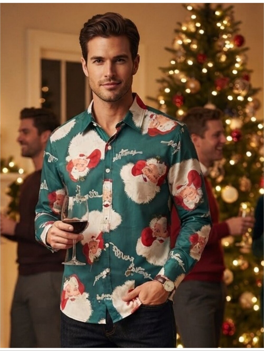 Tunevuse Regular Fit Vintage Santa Button Down Shirt Teal Size S